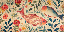 Seamless Pattern Of Illustration Of A Fish Swimming Among Vibrant Vintage Background.