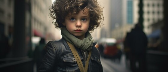 Canvas Print - A young boy with curly hair and a leather jacket. Generative AI.