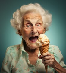 Poster - An old woman holding an ice cream cone. Generative AI.