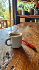 Wall Mural - A cup of coffee and a red chili pepper on a wooden table. Generative AI.