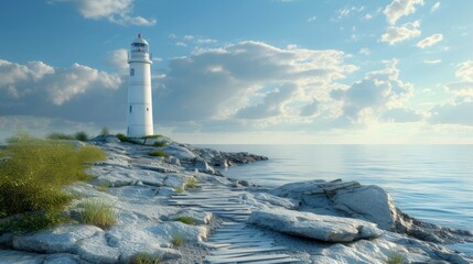 Wall Mural - Clean and elegant composition offering a picturesque view of a lighthouse against the tranquil seascape