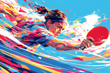 Tabel Tennis player in action on the table over blue, white and red background. Paris 2024. Sport illustration.