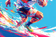 Rugby player in action on the field over blue, white and red background. Paris 2024. Sport illustration.