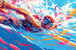 swimmer in action in the water over blue, white and red background. Paris 2024. Sport illustration.