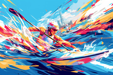 CANOE SLALOM in action on the water over blue, white and red background. Paris 2024. Sport illustration.