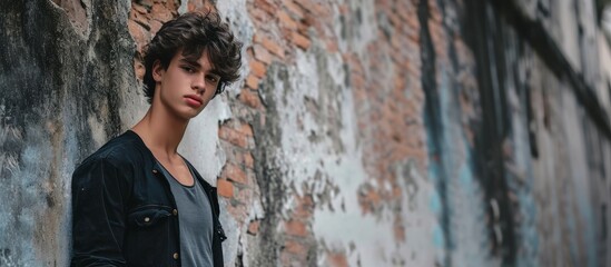 Wall Mural - A stylish young man with curly hair poses in front of a brick wall, showcasing his artistic flair with wood and artistic eyewear.