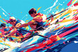 Rower in action on the water over blue, white and red background. Paris 2024. Sport illustration.