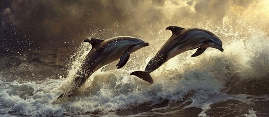 Wall Mural - Two dolphins frolicking in the balmy sea.