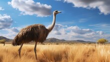An Ostrich Stands In A Field Of Dry Grass With A Blue Sky And Clouds In The Background.