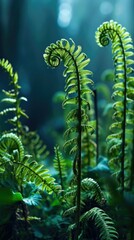 Poster - Ferns in the forest with sunlight. Generative AI.