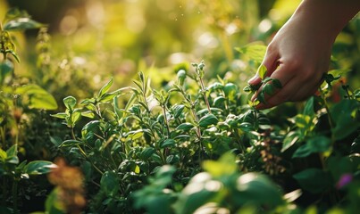 Canvas Print - A person picking herbs from a field. Generative AI.