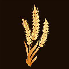 Wall Mural - Spikelets of wheat, rye, barley, gold design on a dark background. Decor element, logo, icon, vector