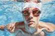 A determined swimmer prepares to conquer the water, sporting goggles and a cap as he stands at the edge of the outdoor pool
