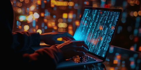A person is typing on a computer keyboard. Background is blurred with coloured lights