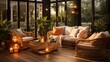 A tropical patio with a wicker lounge set, a palm leaf print cushion, a rattan coffee table, and a string of fairy lights