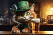 cute cartoon cat in a green top hat drinks a mug of beer at a wooden table, celebrating St Patrick's Day