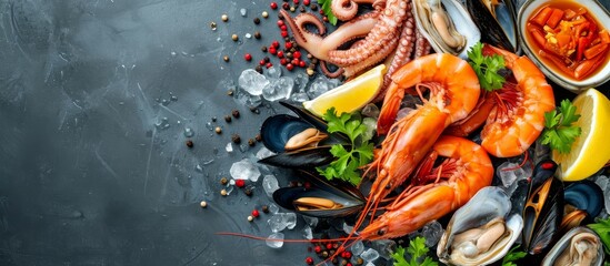 Canvas Print - Seafood salad with shrimp, squid, mussel, octopus, and prawns on table with copy space background.