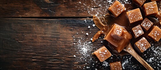 Wall Mural - Create a top-view image of salted caramel scoop with sweet cubes, melted caramel, and salt on a dark wooden background.