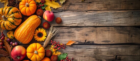 Wall Mural - Showcasing autumn's harvest with a variety of fall elements on a wooden backdrop, providing room for your text or advertising creativity to thrive.