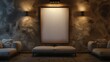 A luxurious TV hall featuring an empty canvas frame on a textured wall, lit by the warm, sophisticated light of recessed spotlights.