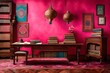 Delight in the visual feast of a solid pink background complementing a set of books displayed elegantly on a table, their covers adorned with vibrant hues and intricate designs, beckoning you to embar