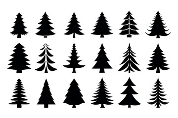 Wall Mural - Set of Christmas trees icons. Black silhouettes, isolated on white background. Vector