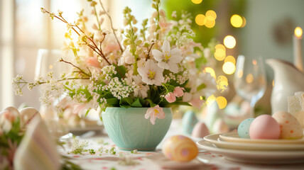 Wall Mural - Festive Easter served table setting with painted eggs, bouquet flowers in room