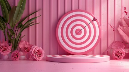 Precision aim with arrows on striped circular board, pastel rose ambiance