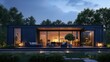 Modern container home at dusk, sleek lines with cozy interior glow