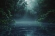 © jokerhitam289 - Fantasy landscape lake and forest at night. natural landscape synthwave style wallpaper. Night forest with a lake wallpaper. lake forest under the sky with fog and the moon. modern synthwave wallpaper