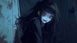 demon horror manga woman, anime artstyle, lofi, widescreen, wallpaper, background, black and white, neon colours