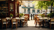Serene Parisian cafe terrace, inviting with its empty chairs and tables awaiting the day's visitors