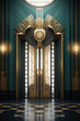 Photo realistic gold and turquoise art deco building door entrance 