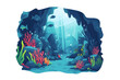 A cartoon illustration of a underwater cave with corals and fish. concept travel, diving