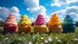 An assortment of brightly frosted cupcakes stands in a lush field under a blue sky dotted with fluffy clouds