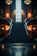 Photo realistic art deco building interior stairs illuminated by warm light lamps