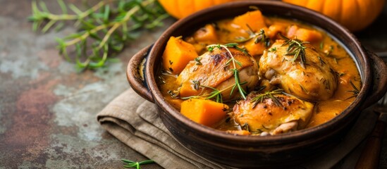 Wall Mural - A comforting chicken and pumpkin stew, the perfect recipe for a delicious and hearty meal, served on a table with tableware.