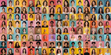 Fototapeta  - Composite portrait of headshots of different smiling  women from all genders and age, including all ethnic, racial, and geographic types of women in the world on a colorful flat background