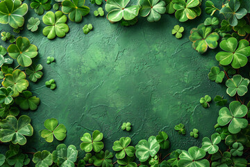 Wall Mural - Border made of clover leaves on dark green background with copy space. Four leaved shamrocks. St Patrick Day holiday symbol. Template for design card, invitation, banner