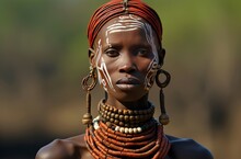 Enigmatic Long Neck Tribal Woman. Woman Wearing Neck Rings Old Tradition. Generate Ai