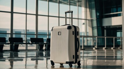 Wall Mural - Big white travel suitcase on airport terminal background from Generative AI