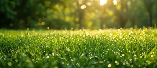 Wall Mural - The natural landscape of a lush green field with sunlight filtering through trees, creating a picturesque scene of terrestrial plants and grass.