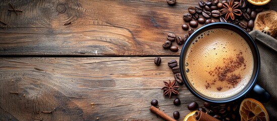 Sticker - Coffee with foam, beans, cinnamon, and caramel on wooden surface - space for text.