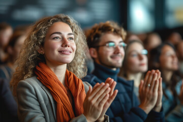 Poster - People applaud, applause in the hall. Background with selective focus and copy space