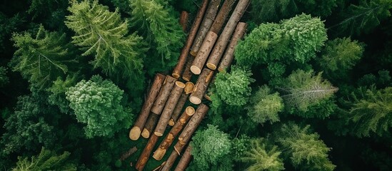 Poster - An aerial view of a pile of logs amidst a forest, showcasing the abundance of tree trunks and wood in the terrestrial plant landscape.