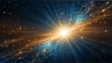 Fototapeta  - Asymmetric blue light burst with rays and golden sparkles bokeh on space cosmos galaxy background from Generative AI
