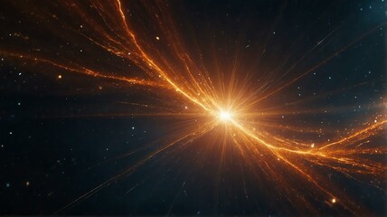 asymmetric orange light burst with rays and golden sparkles bokeh on space cosmos galaxy background 