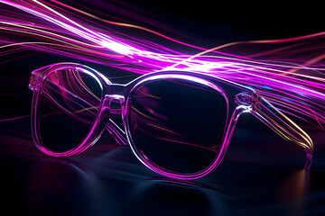 Wall Mural - Pink and purple neon sunglasses isotated on black background. Created with generative AI.