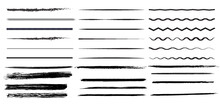 Set Of Wavy Horizontal Lines. Marker Hand-drawn Line Border Set And Scribble Design Elements. Lines Hand Drawn Paint Brush Stroke. Vector Set Isolated On White. Hand Drawn Scribble.Black Ink Texture
