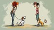 Funny cartoon drawing representing two girls with a dog, one young lady looks shy, her dog is even more bashful or fearful, a timid pet hiding behind its owner, fun sketch with two women and cute pets